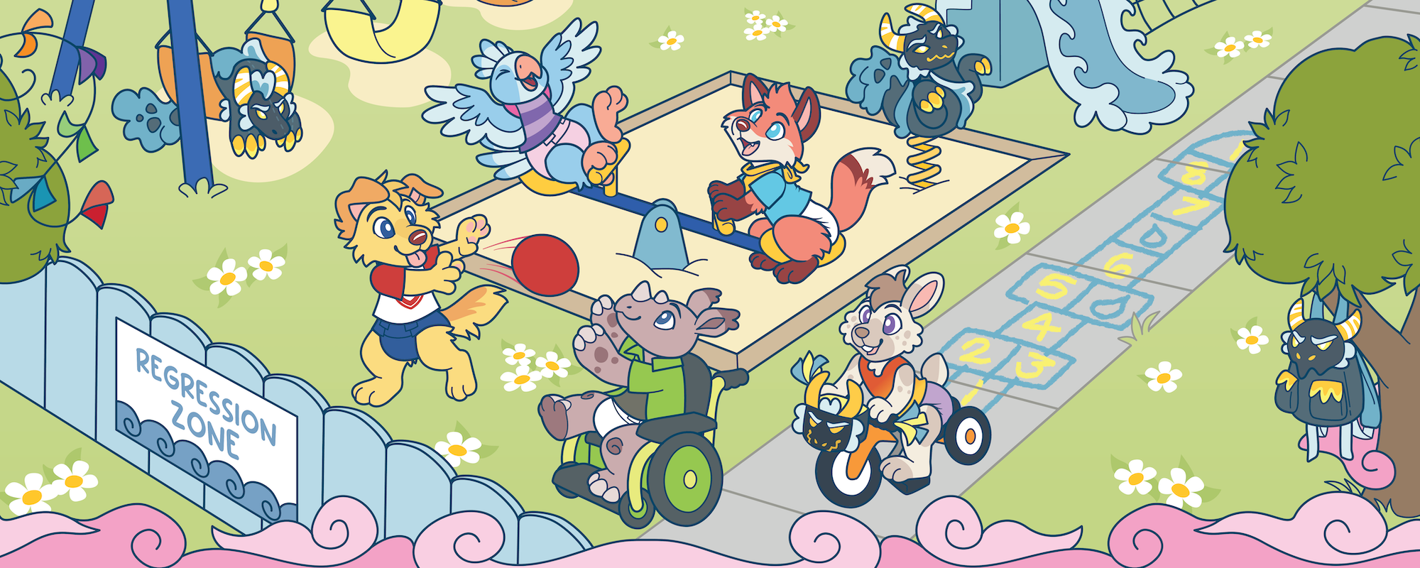 Colorful cartoon playground scene featuring several anthropomorphic animal characters playing together. A dog tosses a red ball to a goat using a wheelchair, while a bird swings overhead and a fox sits reading on a seesaw. A rabbit rides a tricycle nearby, and two cat-like characters play on spring riders in the background. Flowers dot the grass, and a sign reading "Regression Zone" stands beside the fenced play area.
